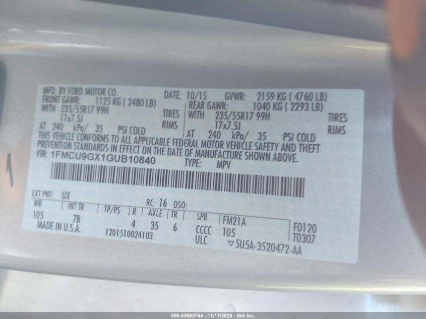 2016 Ford Escape Se VIN: 1FMCU9GX1GUB10840 Lot: 43683744