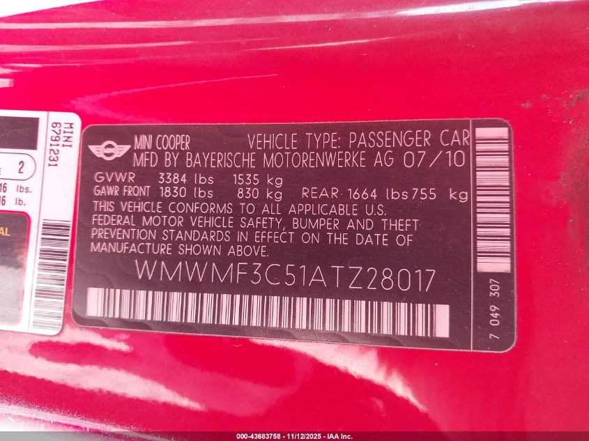 2010 Mini Cooper VIN: WMWMF3C51ATZ28017 Lot: 43683758
