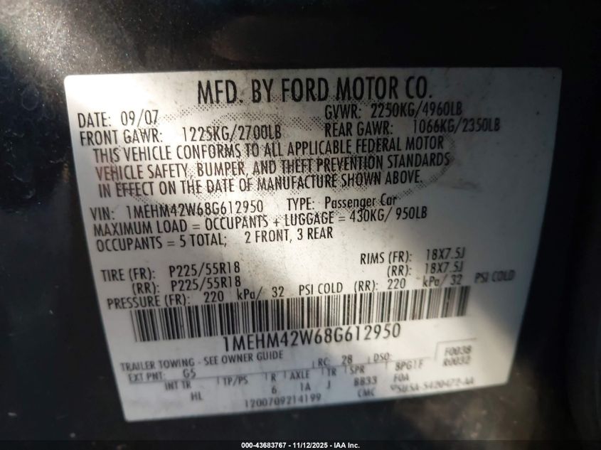 2008 Mercury Sable Premier VIN: 1MEHM42W68G612950 Lot: 43683767