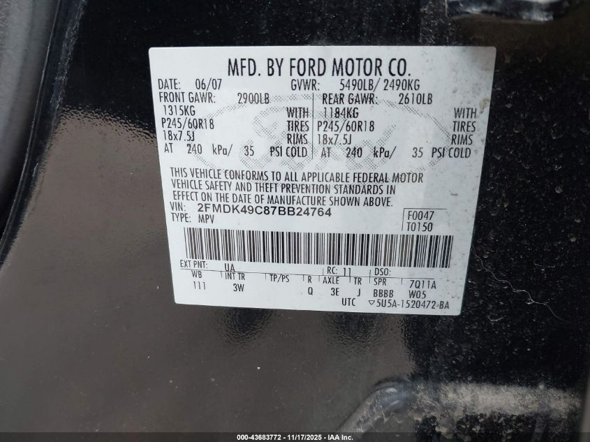 2007 Ford Edge Sel Plus VIN: 2FMDK49C87BB24764 Lot: 43683772