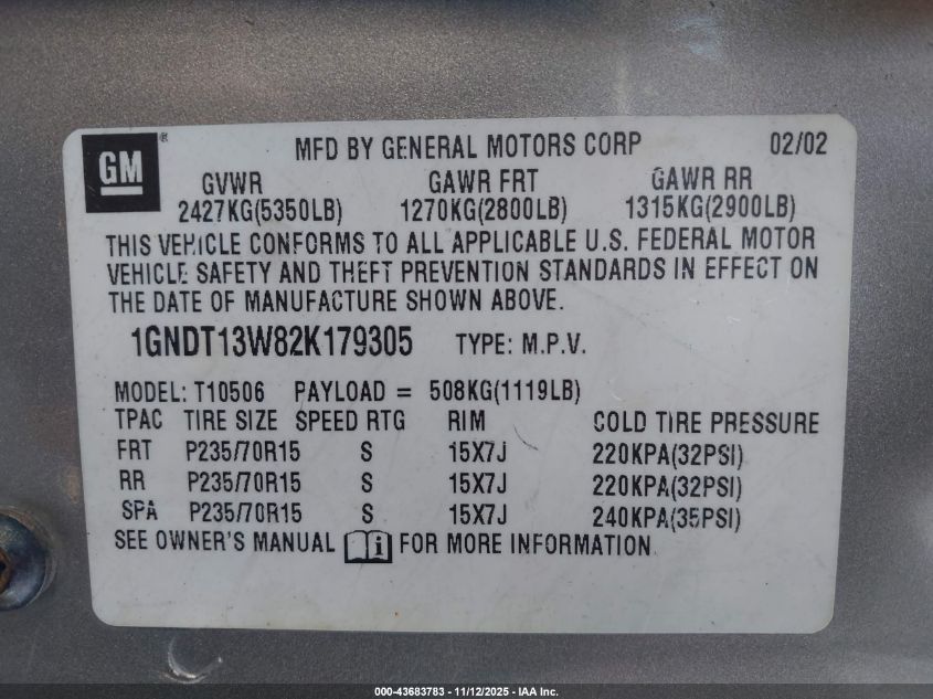 2002 Chevrolet Blazer Ls VIN: 1GNDT13W82K179305 Lot: 43683783