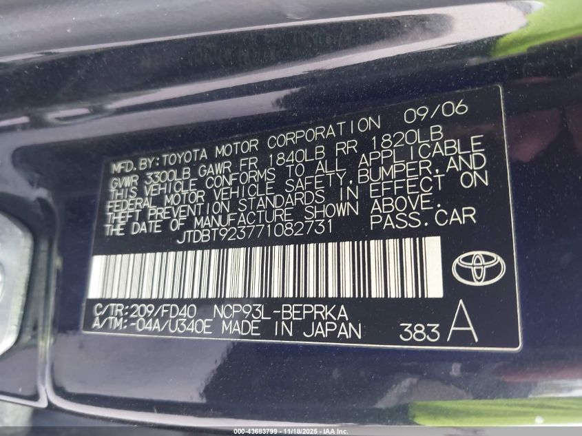 2007 Toyota Yaris VIN: JTDBT923771082731 Lot: 43683799