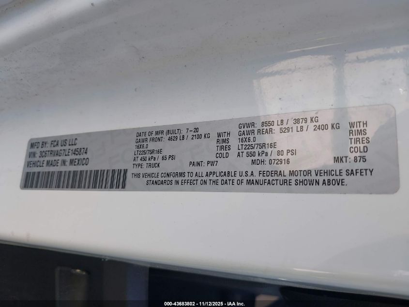 2020 Ram Promaster 1500 Low Roof 136 Wb VIN: 3C6TRVAG7LE145874 Lot: 43683802