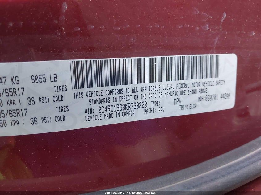 2019 Chrysler Pacifica Touring L VIN: 2C4RC1BG3KR730220 Lot: 43683817