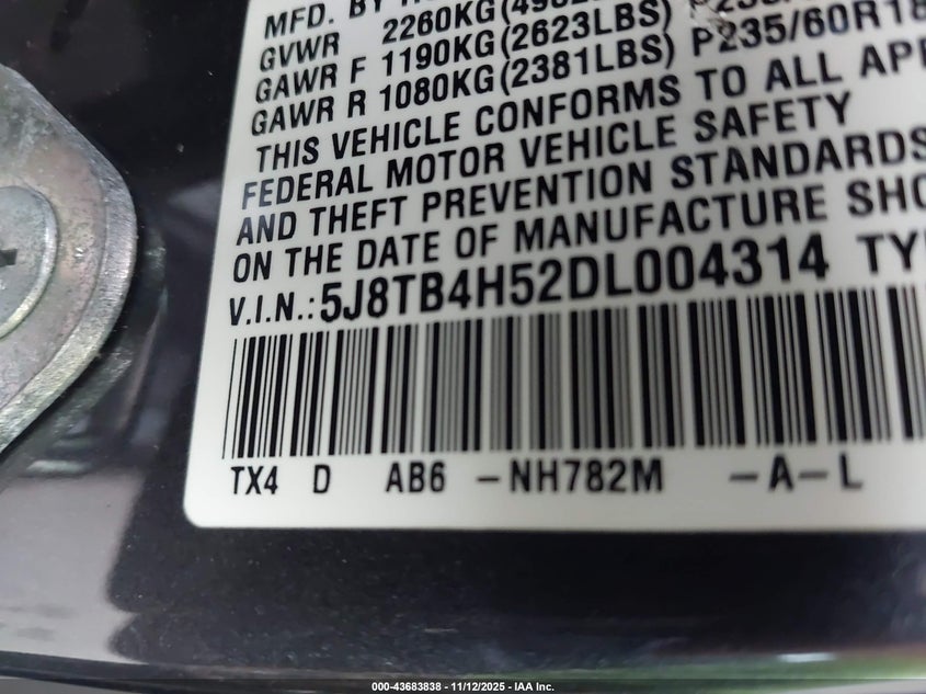 2013 Acura Rdx VIN: 5J8TB4H52DL004314 Lot: 43683838