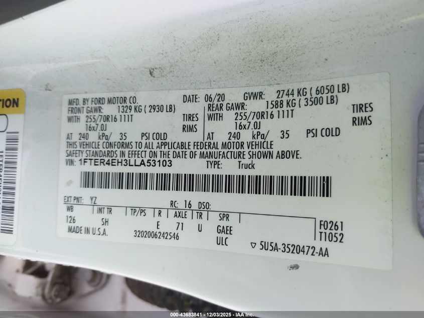 2020 Ford Ranger Xl VIN: 1FTER4EH3LLA53103 Lot: 43683841