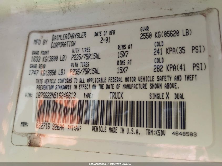 2001 Dodge Dakota Slt/Sport VIN: 1B7GG22N51S246613 Lot: 43683884