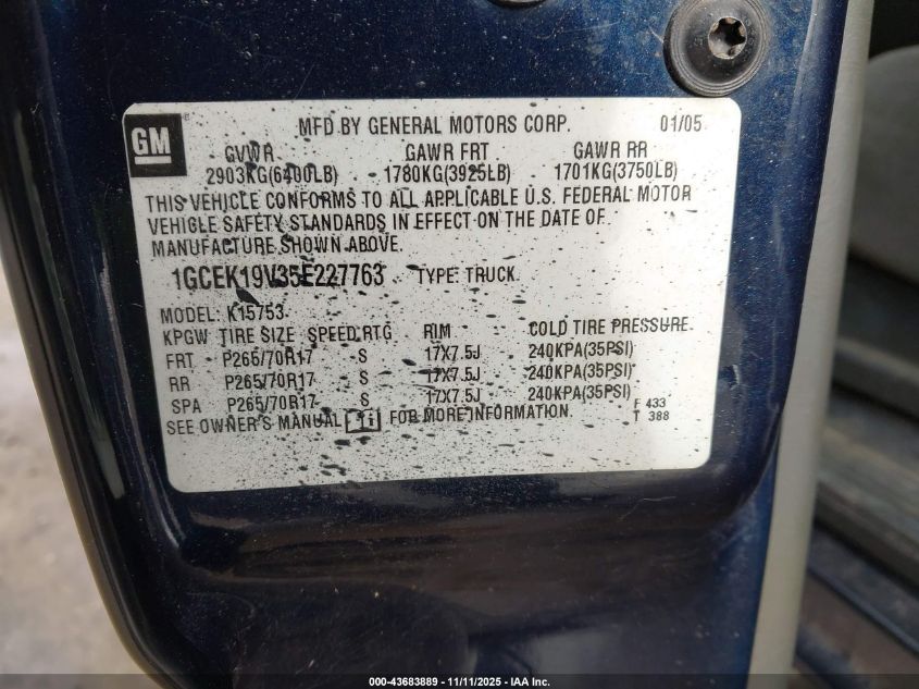 2005 Chevrolet Silverado 1500 Ls VIN: 1GCEK19V35E227763 Lot: 43683889