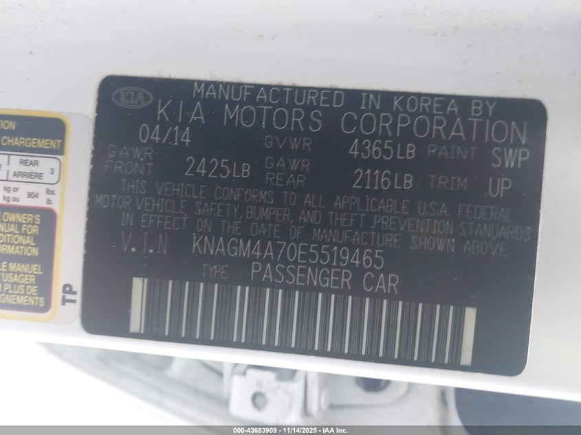 KNAGM4A70E5519465 2014 KIA OPTIMA photo no. 9