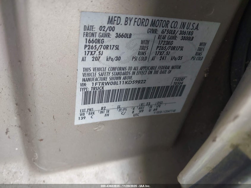 2001 Ford F-150 King Ranch Edition/Lariat/Xlt VIN: 1FTRW08L11KD59822 Lot: 43683935