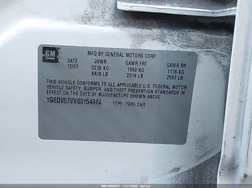 2008 Cadillac Cts Standard VIN: 1G6DV57VX80154344 Lot: 43683937