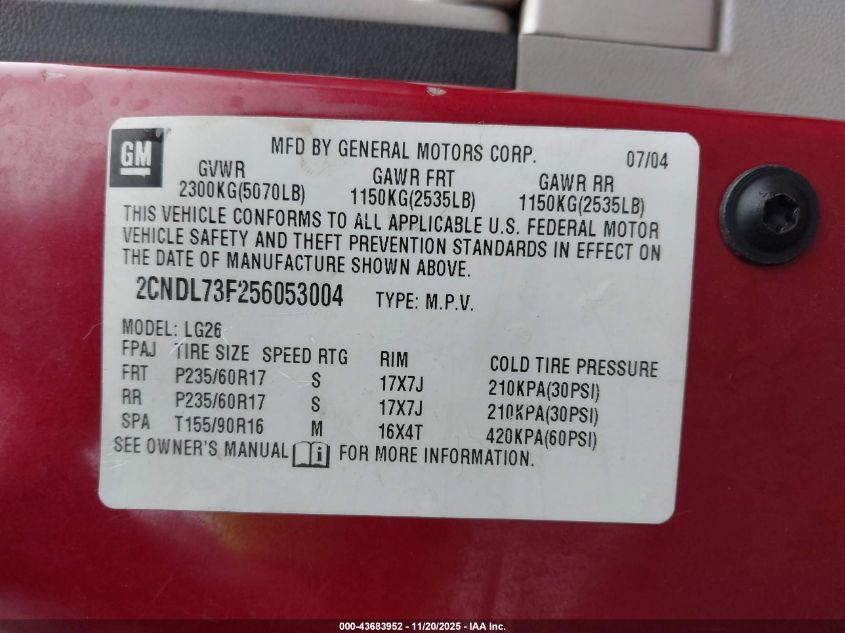 2005 Chevrolet Equinox Lt VIN: 2CNDL73F256053004 Lot: 43683952