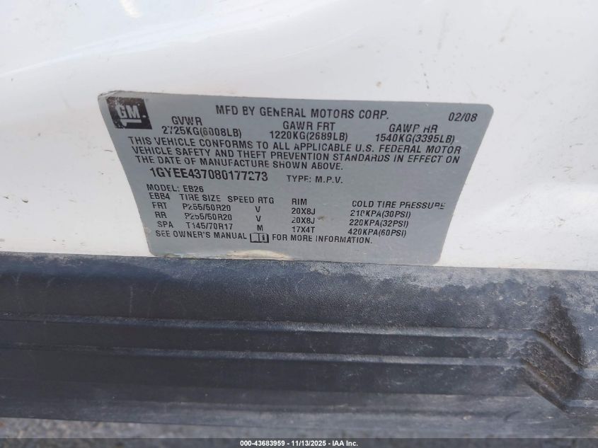 2008 Cadillac Srx V6 VIN: 1GYEE437080177273 Lot: 43683959