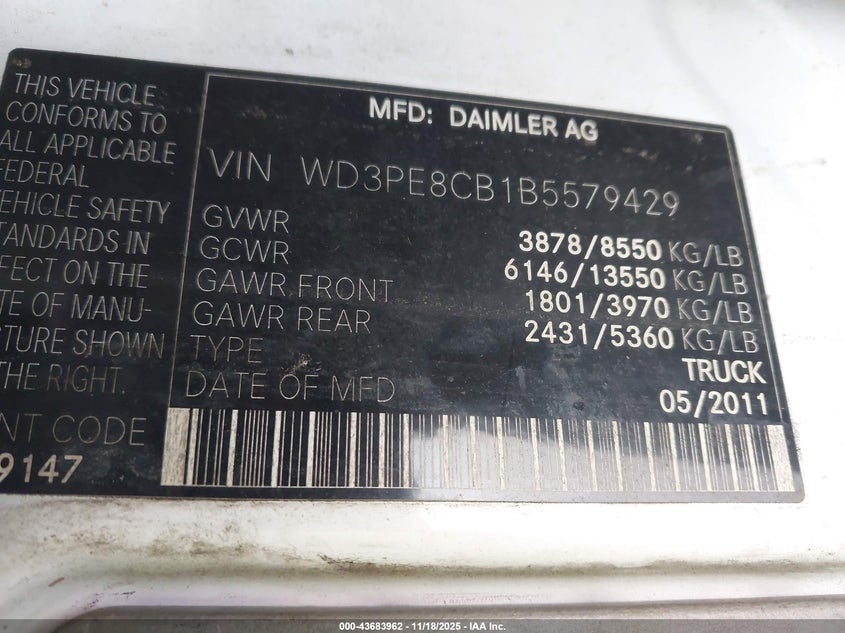 2011 Mercedes-Benz Sprinter 2500 High Roof VIN: WD3PE8CB1B5579429 Lot: 43683962