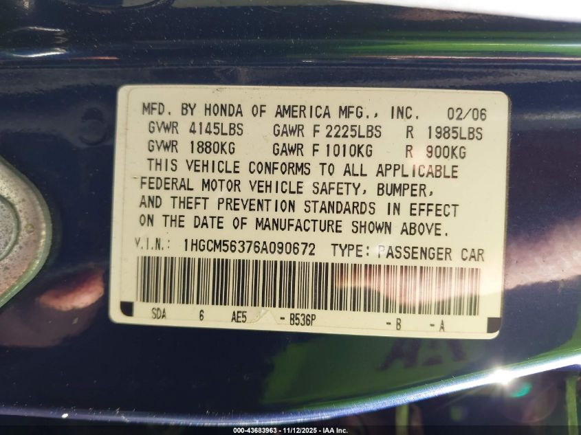 2006 Honda Accord 2.4 Se VIN: 1HGCM56376A090672 Lot: 43683963