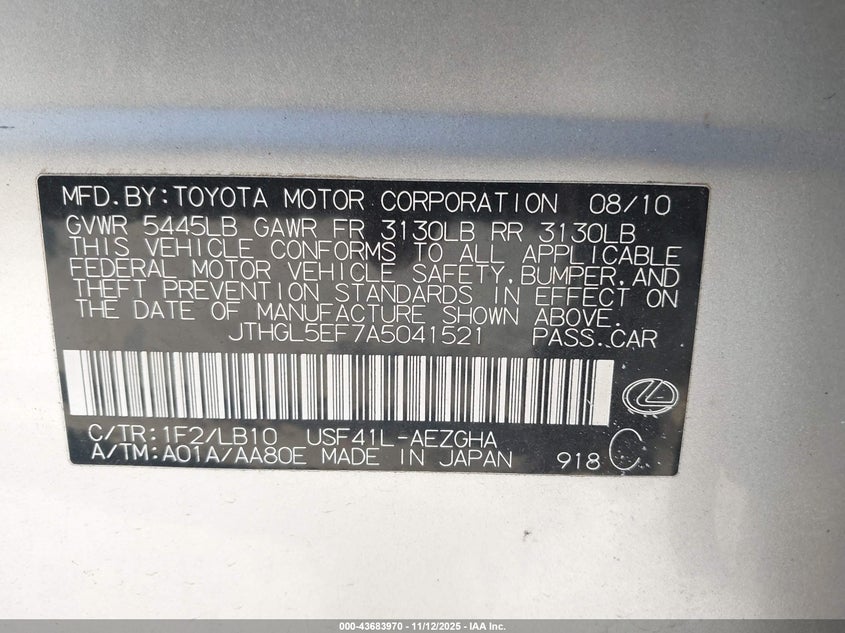 2010 Lexus Ls 460 L VIN: JTHGL5EF7A5041521 Lot: 43683970