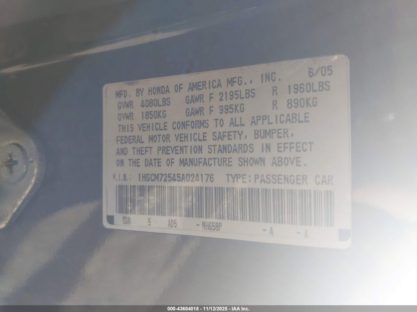 1HGCM72545A024176 2005 HONDA ACCORD photo no. 9