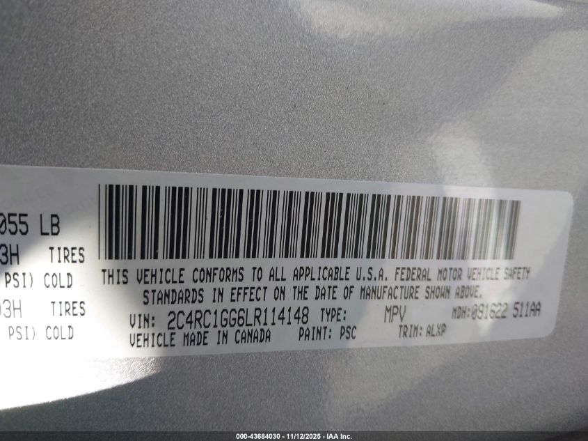 2020 Chrysler Pacifica Limited VIN: 2C4RC1GG6LR114148 Lot: 43684030