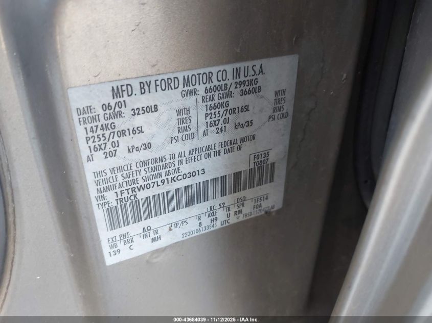 2001 Ford F-150 Harley-Davidson Edition/King Ranch Edition/Lariat/Xlt VIN: 1FTRW07L91KC03013 Lot: 43684039