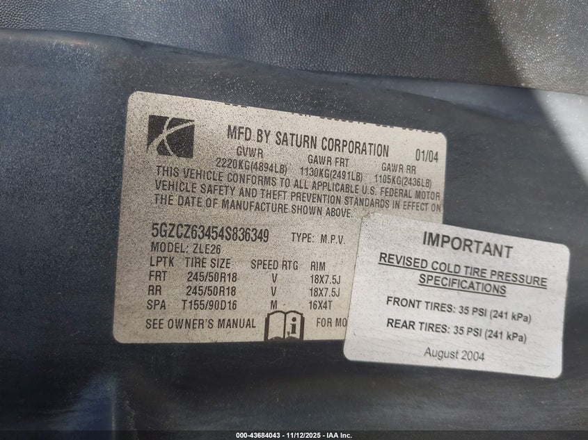 2004 Saturn Vue VIN: 05GZCZ63454S83634 Lot: 43684043