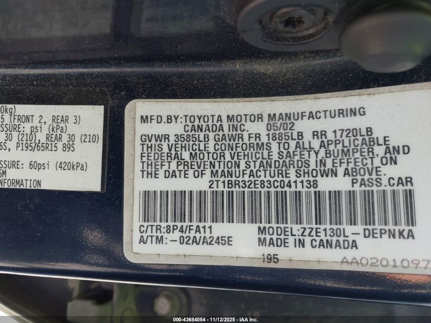 2003 Toyota Corolla Le VIN: 2T1BR32E83C041138 Lot: 43684054