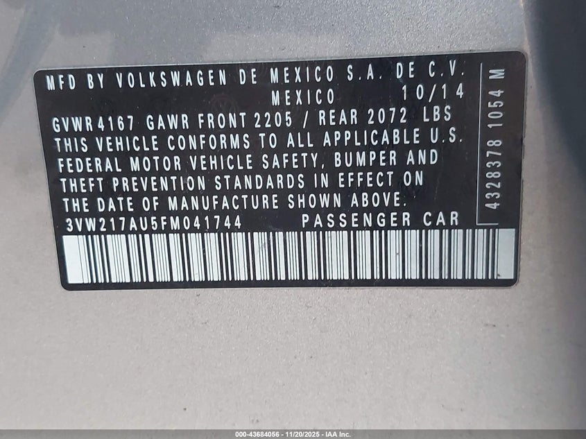 2015 Volkswagen Golf Tsi S 4-Door VIN: 3VW217AU5FM041744 Lot: 43684056