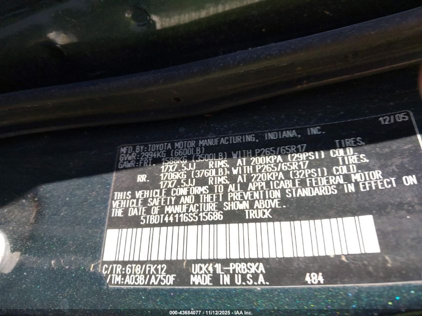 2006 Toyota Tundra Sr5 V8 VIN: 5TBDT44116S515686 Lot: 43684077