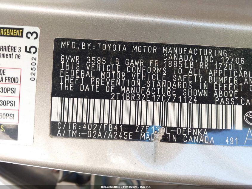 2007 Toyota Corolla Le VIN: 2T1BR32E17C771124 Lot: 43684085