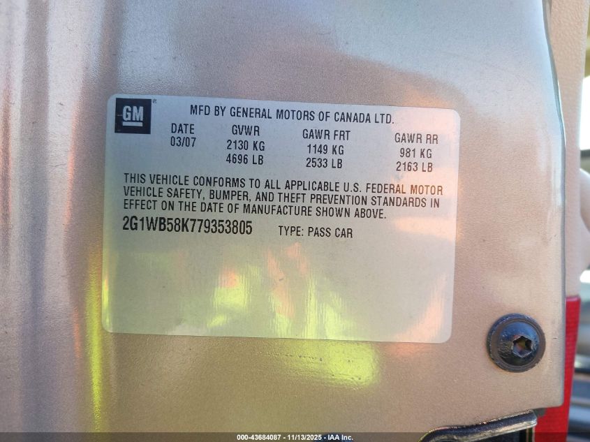 2007 Chevrolet Impala Ls VIN: 2G1WB58K779353805 Lot: 43684087