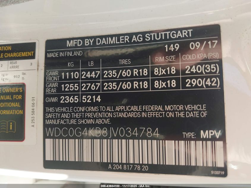 2018 Mercedes-Benz Glc 300 4Matic VIN: WDC0G4KB8JV034784 Lot: 43684100