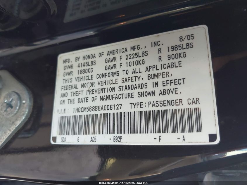 2006 Honda Accord 2.4 Ex VIN: 1HGCM56886A006127 Lot: 43684102