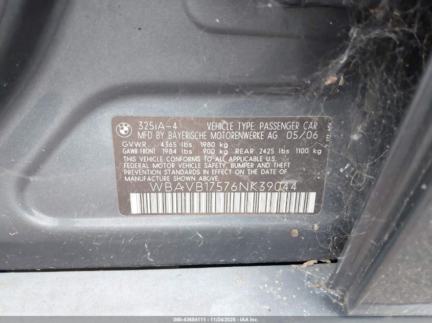 2006 BMW 325I VIN: WBAVB17576NK39044 Lot: 43684111