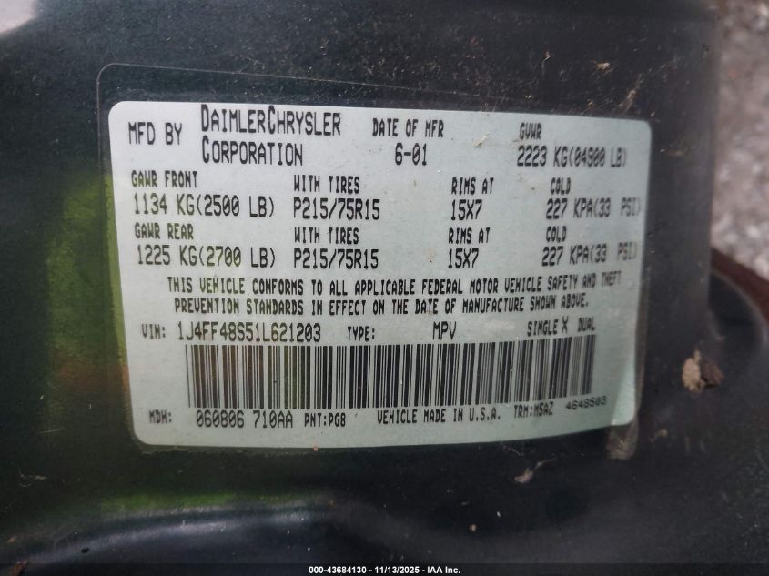 2001 Jeep Cherokee Sport VIN: 1J4FF48S51L621203 Lot: 43684130