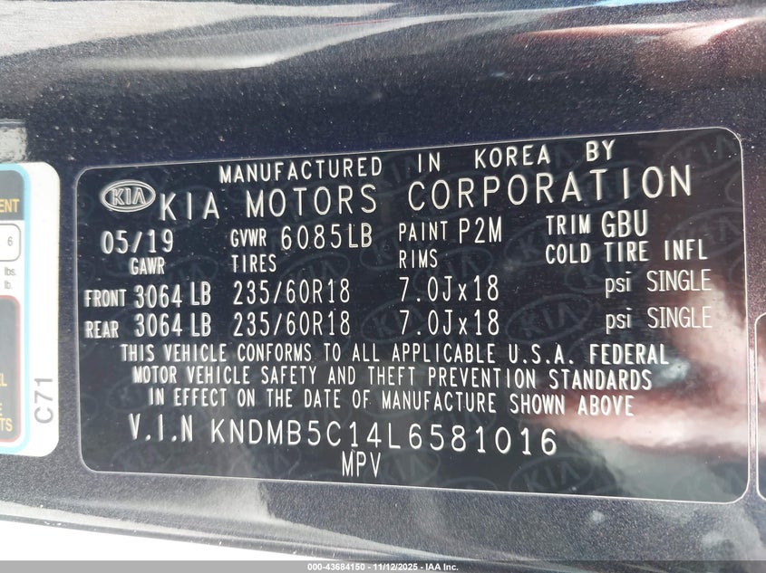 2020 Kia Sedona Ex VIN: KNDMB5C14L6581016 Lot: 43684150