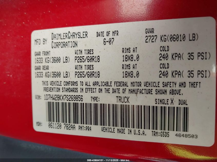 2007 Dodge Dakota St VIN: 1D7HW28KX7S269856 Lot: 43684151