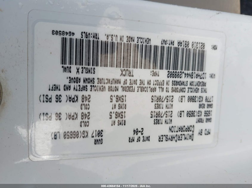 2004 Dodge Ram 1500 Slt/Laramie VIN: 1D7HA18N44J209902 Lot: 43684154