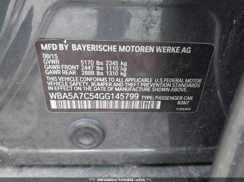 2016 BMW 528I xDrive VIN: WBA5A7C54GG145799 Lot: 43684155