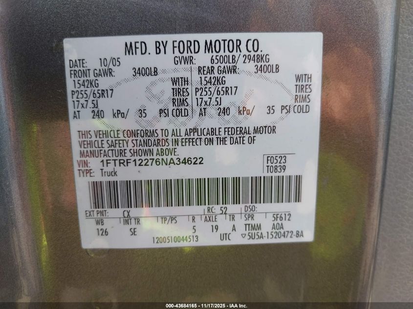 2006 Ford F-150 Stx/Xl/Xlt VIN: 1FTRF12276NA34622 Lot: 43684165