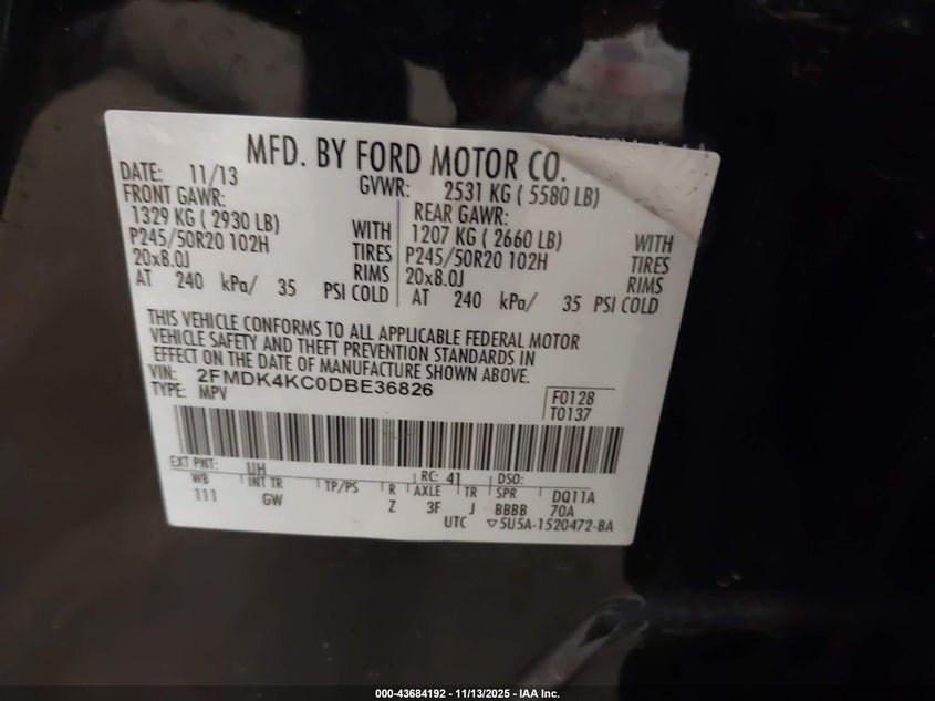 2013 Ford Edge Limited VIN: 2FMDK4KC0DBE36826 Lot: 43684192