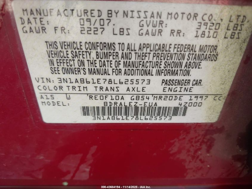 2008 Nissan Sentra 2.0S VIN: 3N1AB61E78L625573 Lot: 43684194