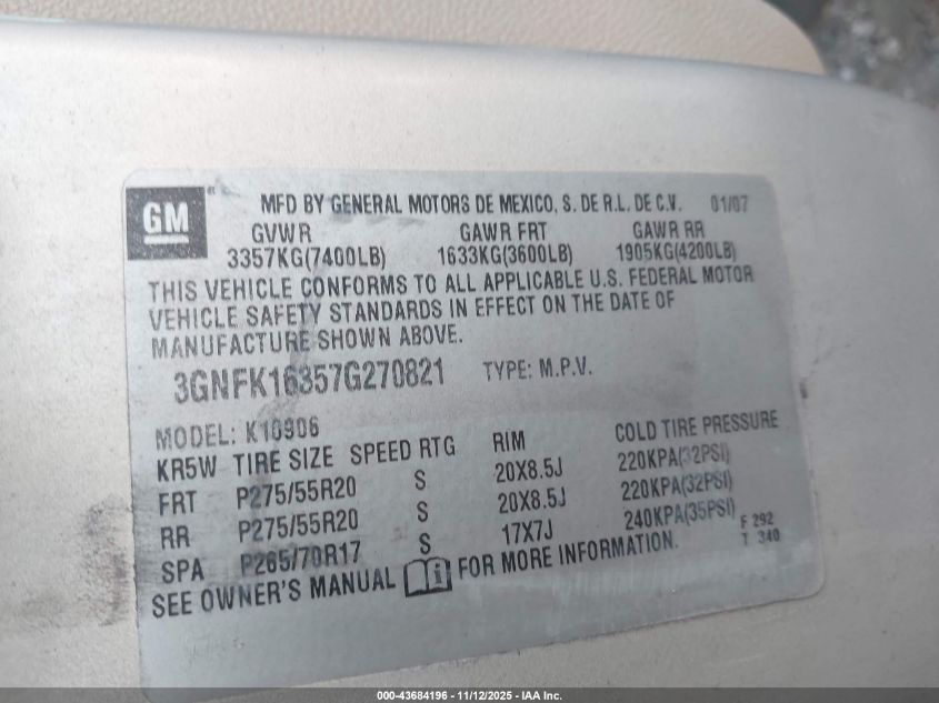 2007 Chevrolet Suburban 1500 Ltz VIN: 3GNFK16357G270821 Lot: 43684196