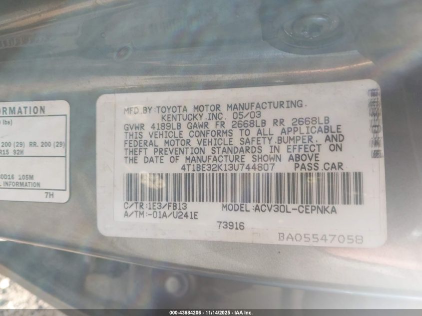 2003 Toyota Camry Le VIN: 4T1BE32K13U744807 Lot: 43684206