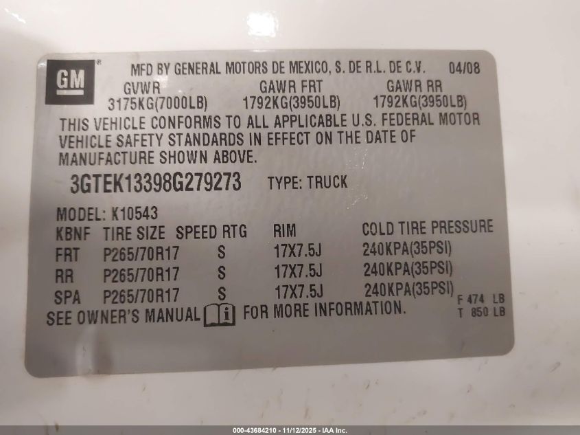 2008 GMC Sierra 1500 Slt VIN: 3GTEK13398G279273 Lot: 43684210