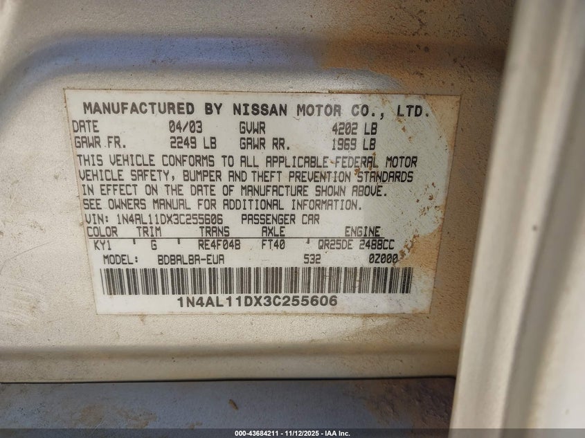 2003 Nissan Altima 2.5 Sl VIN: 1N4AL11DX3C255606 Lot: 43684211