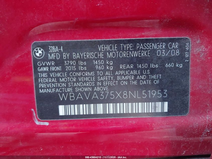 2008 BMW 328I VIN: WBAVA375X8NL51953 Lot: 43684215