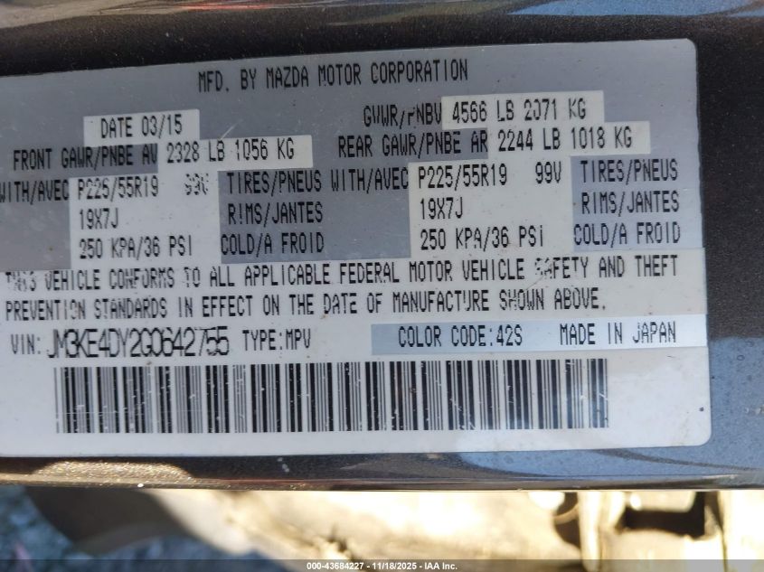 2016 Mazda Cx-5 Grand Touring VIN: JM3KE4DY2G0642755 Lot: 43684227