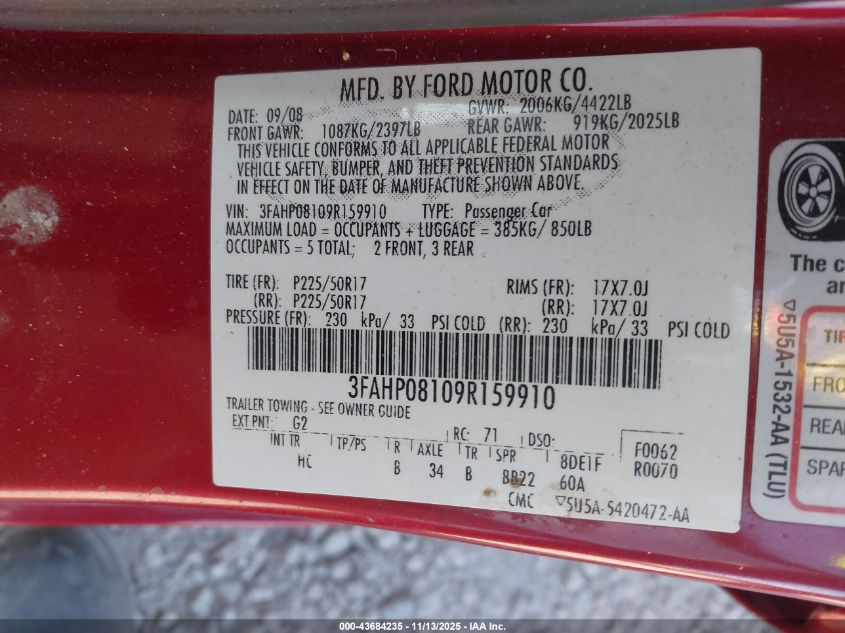 2009 Ford Fusion Sel VIN: 3FAHP08109R159910 Lot: 43684235