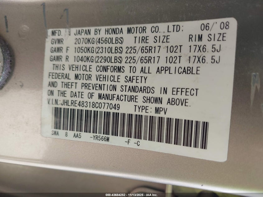 2008 Honda Cr-V Lx VIN: JHLRE48318C077049 Lot: 43684252