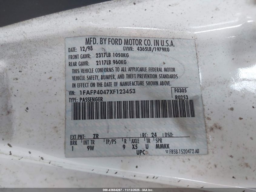 1999 Ford Mustang VIN: 1FAFP4047XF123453 Lot: 43684267