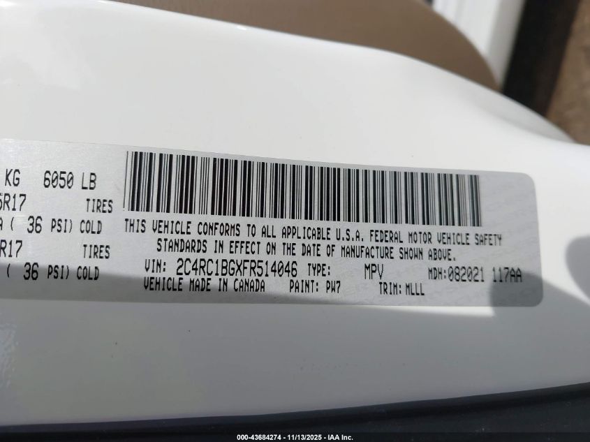 2015 Chrysler Town & Country Touring VIN: 2C4RC1BGXFR514046 Lot: 43684274